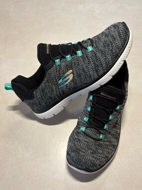 Skechers Black and Teal Knit Slip-On Trainers